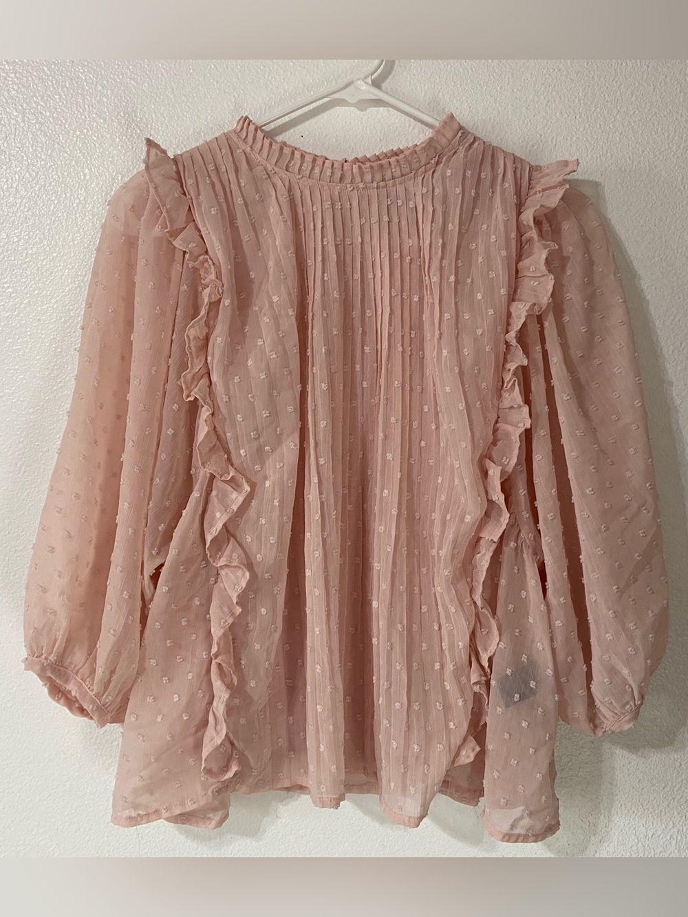 Romantic/Cottagecore - Cliché Pink Blush Dot Pleated Ruffle Blouse - Size Small
